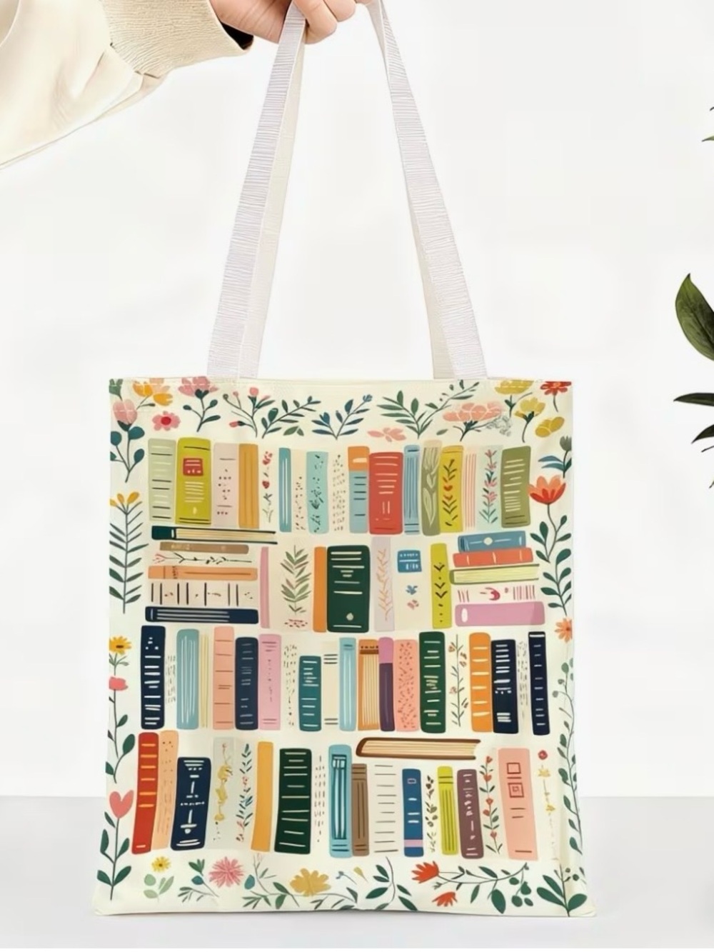 Cream Floral Bookshelf Tote Bag Books & Flowers Library Reading Book Club